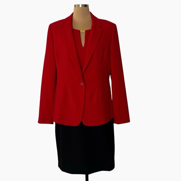 Calvin Klein Suit Set Dress Jacket Womens 14 Red Black Ponte Knit Sophisticated - Picture 3 of 16